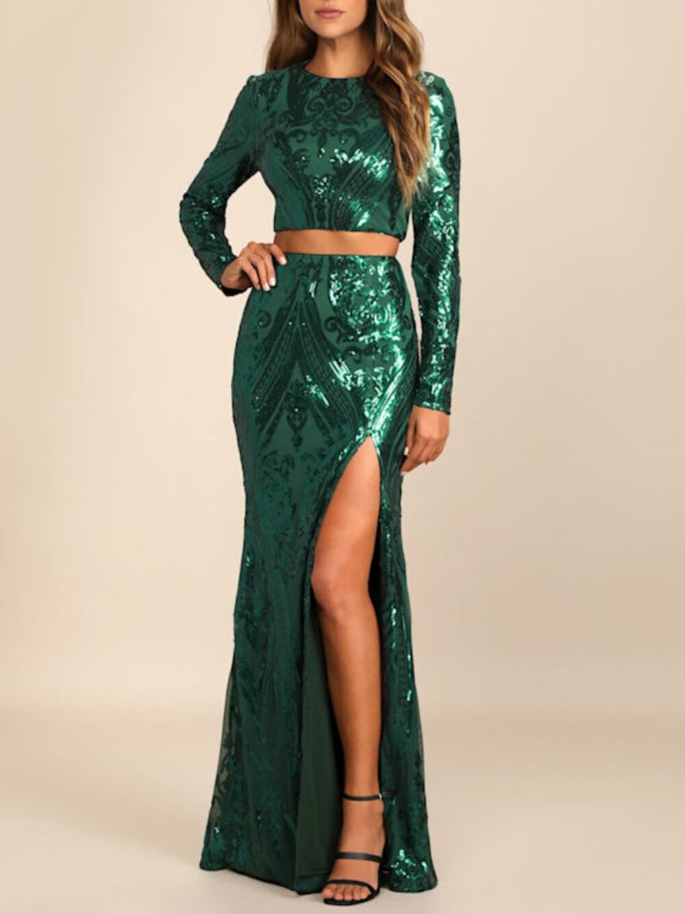 Lulus Luxe Aesthetic Green Sequin Long Sleeve Two-piece Maxi Dress - Size M